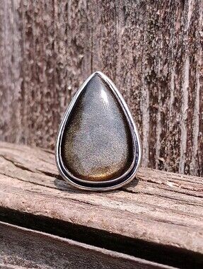 Natural Silver Sheen Obsidian 925 Sterling Silver Teardrop Ring Sz 7.75